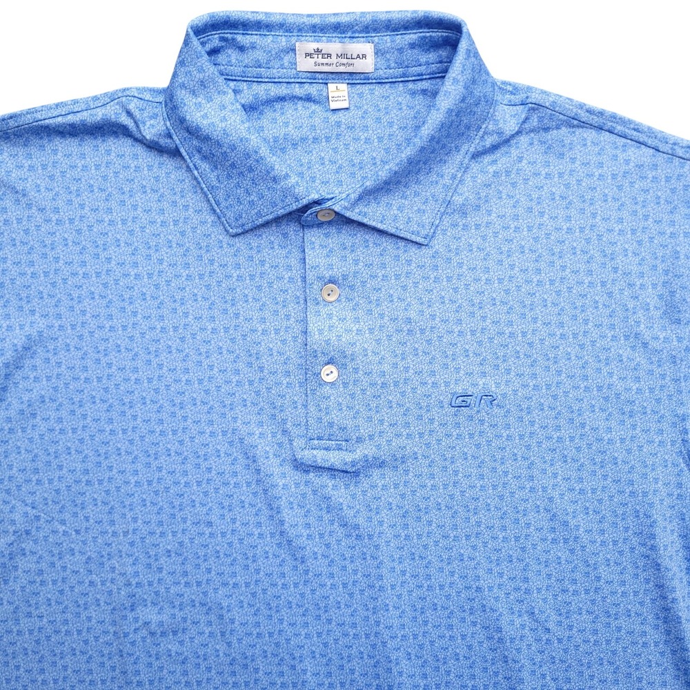 Peter Millar Polo Shirt L Blue Seeing Double Skull Print Summer Comfort Golf AOP